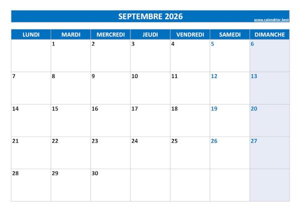 Calendrier Septembre 2026 à imprimer.