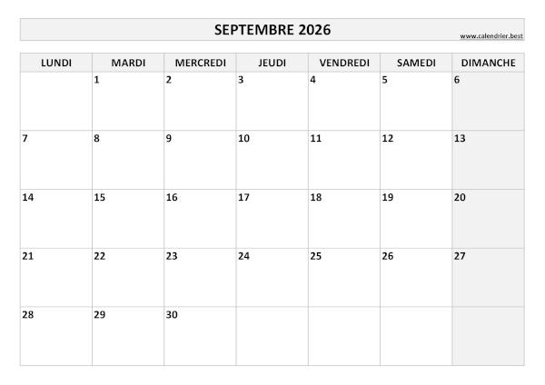 Calendrie septembre 2026 vierge à imprimer.