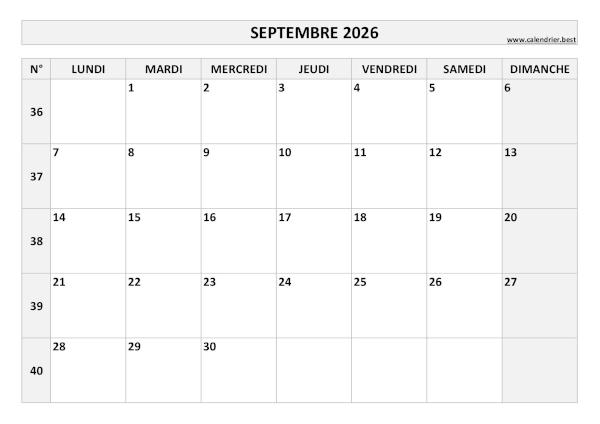 Calendrier Septembre 2026 avec semaines.