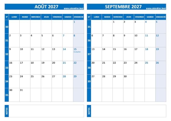 Calendrier d'août et de septembre 2027 à imprimer sur une page au format paysage, template bleu. Calendrier août septembre 2027.