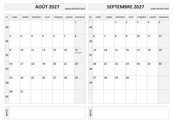Calendrier d'août et de septembre 2027 à imprimer sur une page au format paysage, template gris. Calendrier août septembre 2027.
