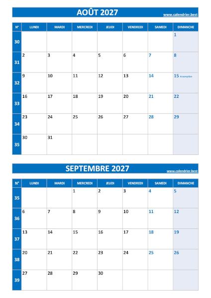 Calendrier des mois d'août et septembre 2027 à imprimer ssur une page au format portrait, template bleu. Calendrier août septembre 2027, portrait, bleu.