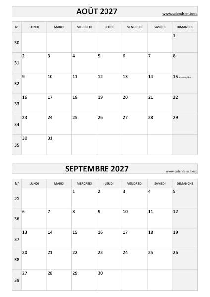Calendrier des mois d'août et septembre 2027 à imprimer sur une page au format portrait, template gris. Calendrier août septembre 2027, portrait, gris.