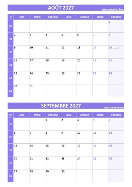 Calendrier des mois d'août et septembre 2027 à imprimer sur une page au format portrait, template violet. Calendrier août septembre 2027, portrait, violet.