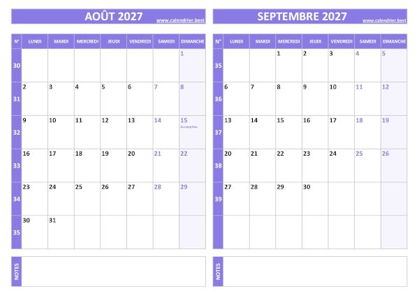Calendrier d'août et de septembre 2027 à imprimer sur une page au format paysage, template violet. Calendrier août septembre 2027.