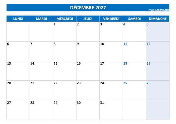 Calendrier mensuel vierge à imprimer, mois de Décembre 2027, thème bleu. Calendrier Décembre 2027 à imprimer.