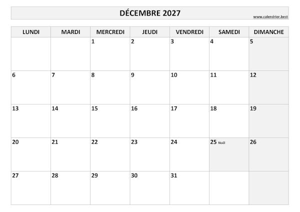 Calendrier du mois de Décembre 2027 avec jours fériés à imprimer gratuitement en pdf ou jpg, format A4 paysage, thème noir et blanc Calendrier Décembre 2027 à imprimer avec jours fériés.