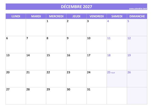 Calendrier du mois de Décembre 2027 avec jours fériés à imprimer gratuitement en pdf ou jpg, format A4 paysage, thème violet Calendrier Décembre 2027 à imprimer avec jours fériés.