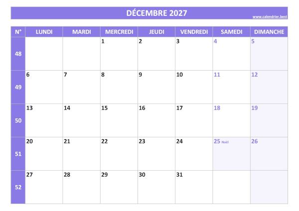 Calendrier du mois de Décembre 2027 avec numéros de semaines à imprimer gratuitement en pdf ou jpg, format A4 paysage, thème violet. Calendrier Décembre 2027 avec semaines.