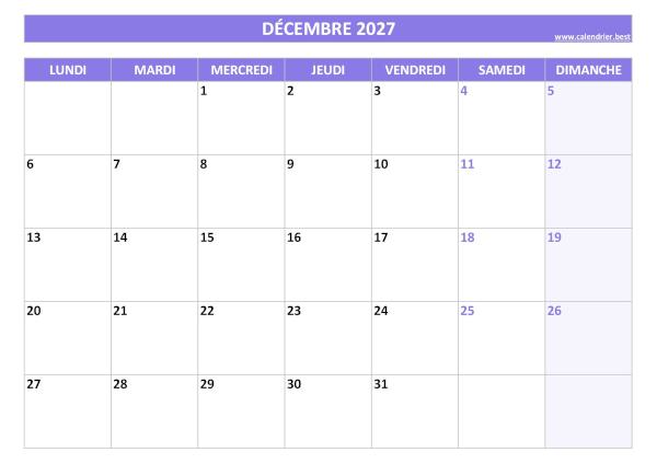 Calendrier mensuel vierge à imprimer, mois de Décembre 2027, thème violet. Calendrier Décembre 2027 à imprimer.
