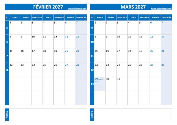 Calendrier de février et de mars 2027 à imprimer sur une page au format paysage, template bleu. Calendrier février mars 2027.