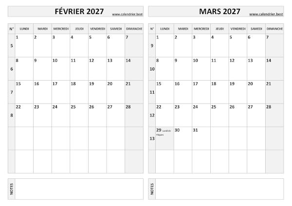Calendrier de février et de mars 2027 à imprimer sur une page au format paysage, template gris. Calendrier février mars 2027.