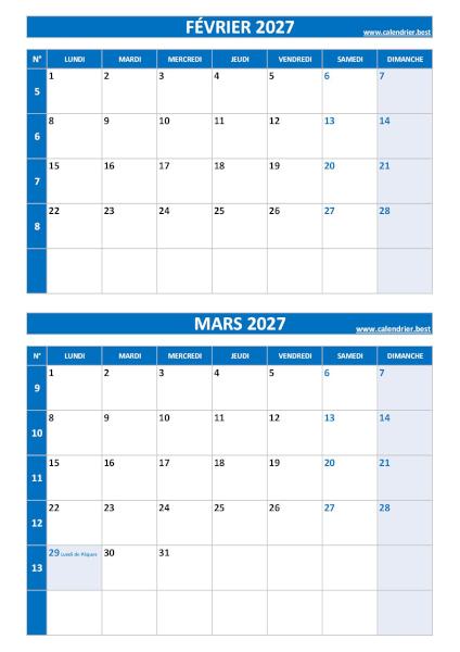 Calendrier des mois de février et mars 2027 à imprimer ssur une page au format portrait, template bleu. Calendrier février mars 2027, portrait, bleu.