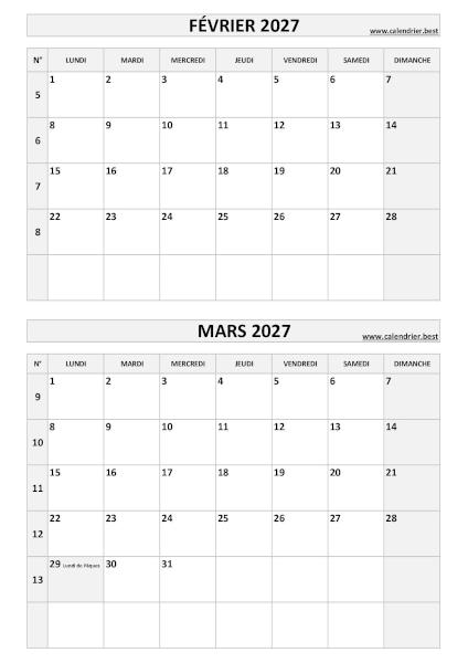 Calendrier des mois de février et mars 2027 à imprimer sur une page au format portrait, template gris. Calendrier février mars 2027, portrait, gris.