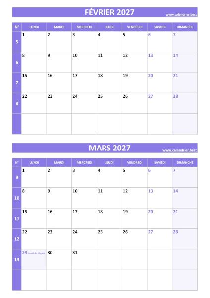 Calendrier des mois de février et mars 2027 à imprimer sur une page au format portrait, template violet. Calendrier février mars 2027, portrait, violet.