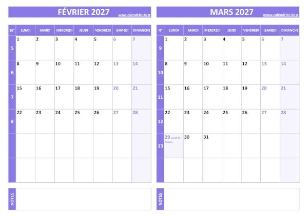 Calendrier de février et de mars 2027 à imprimer sur une page au format paysage, template violet. Calendrier février mars 2027.