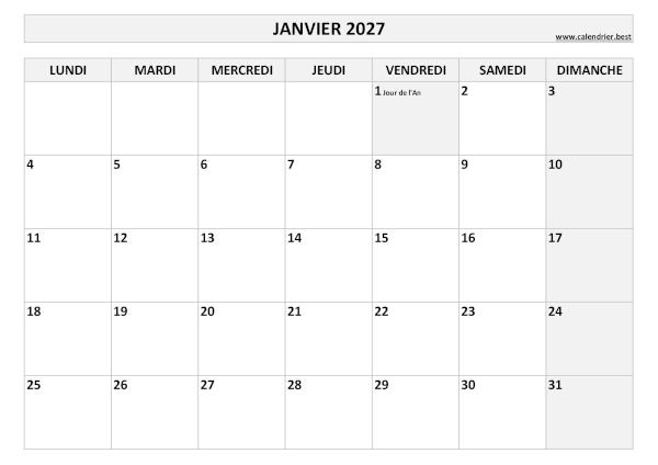 Calendrier du mois de janvier 2027 avec jours fériés à imprimer gratuitement en pdf ou jpg, format A4 paysage, thème noir et blanc Calendrier janvier 2027 à imprimer avec jours fériés.