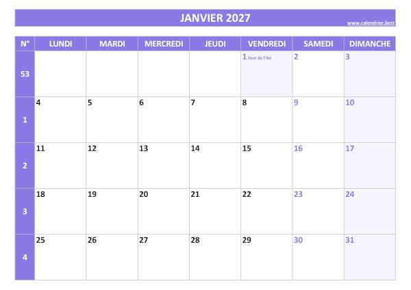 Calendrier du mois de janvier 2027 avec numéros de semaines à imprimer gratuitement en pdf ou jpg, format A4 paysage, thème violet. Calendrier janvier 2027 avec semaines.