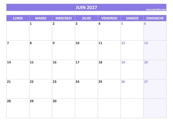 Calendrier mensuel vierge à imprimer, mois de Juin 2027, thème violet. Calendrier Juin 2027 à imprimer.