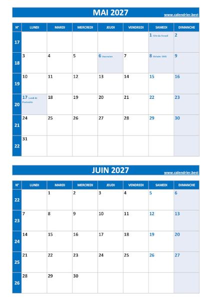 Calendrier des mois de mai et juin 2027 à imprimer ssur une page au format portrait, template bleu. Calendrier mai juin 2027, portrait, bleu.