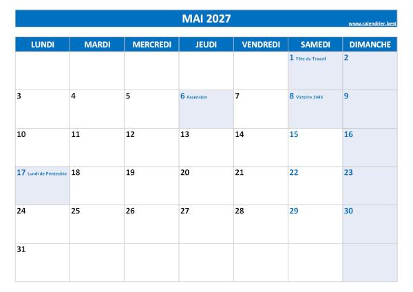 Calendrier du mois de Mai 2027 avec jours fériés à imprimer gratuitement en pdf ou jpg, format A4 paysage, thème bleu Calendrier Mai 2027 à imprimer avec jours fériés.