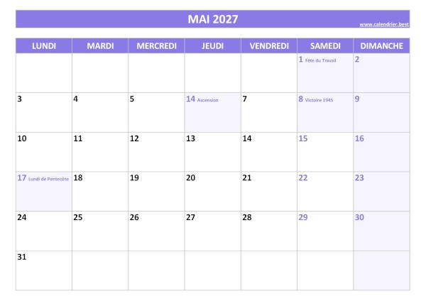Calendrier du mois de Mai 2027 avec jours fériés à imprimer gratuitement en pdf ou jpg, format A4 paysage, thème violet Calendrier Mai 2027 à imprimer avec jours fériés.
