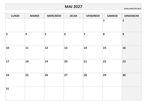 Calendrier mensuel vierge à imprimer, mois de Mai 2027, thème noir et blanc. Calendrier Mai 2027 à imprimer.