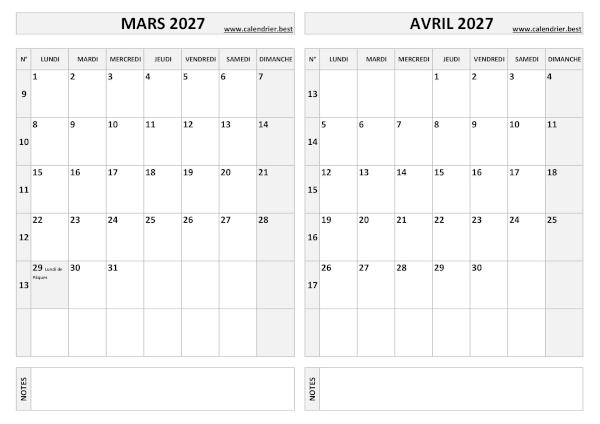 Calendrier de mars et avril 2027 à imprimer sur une page au format paysage, template gris. Calendrier mars avril 2027.