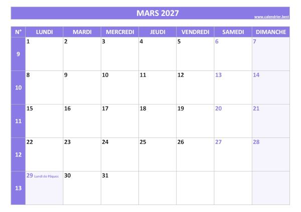 Calendrier du mois de mars 2027 avec numéros de semaines à imprimer gratuitement en pdf ou jpg, format A4 paysage, thème violet. Calendrier mars 2027 avec semaines.