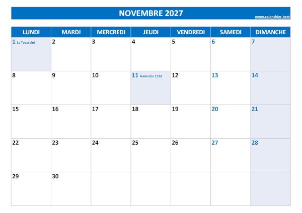 Calendrier du mois de Novembre 2027 avec jours fériés à imprimer gratuitement en pdf ou jpg, format A4 paysage, thème bleu Calendrier Novembre 2027 à imprimer avec jours fériés.