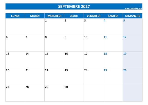 Calendrier mensuel vierge à imprimer, mois de Septembre 2027, thème bleu. Calendrier Septembre 2027 à imprimer.