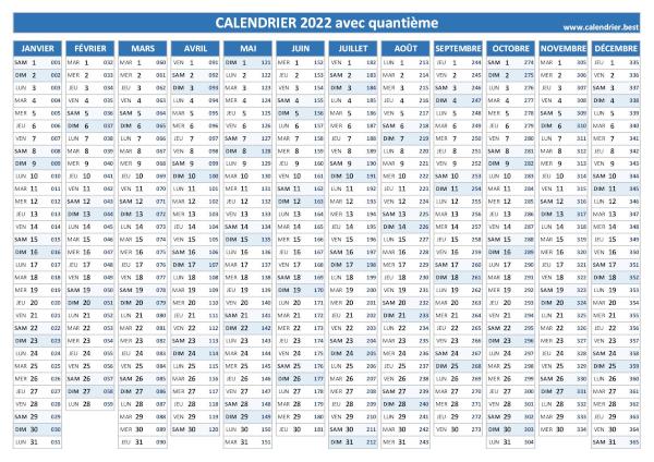 Calendrier 2022 avec quantième.