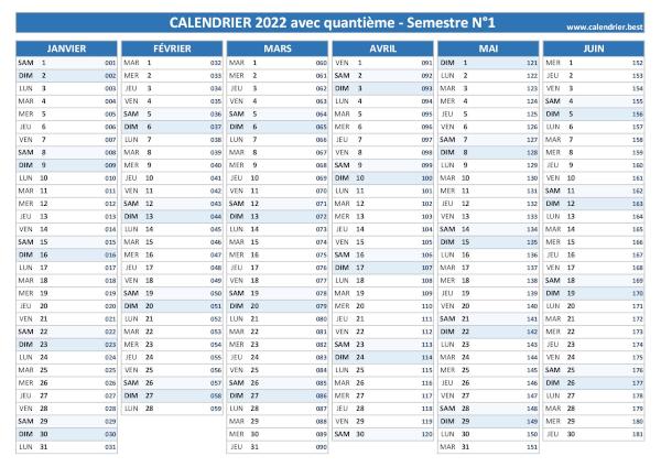 Calendrier 2022 avec quantième.