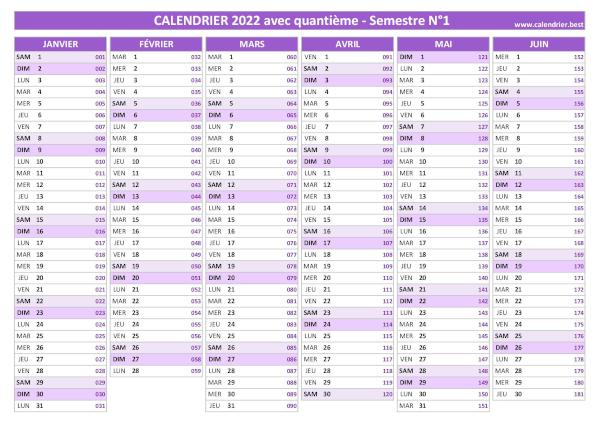 Calendrier 2022 avec quantième.