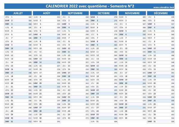 Notre calendrier du 2ème semestre 2022 avec quantième vous permettra de facilement identifier le numéro du jour pour la période allant du 1er juillet au 31 décembre 2022. Impression au format A4 paysage. Calendrier 2022 avec quantième.