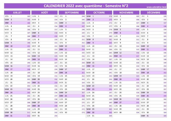 Calendrier 2022 avec quantième.