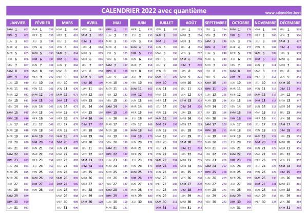 Calendrier 2022 avec quantième.