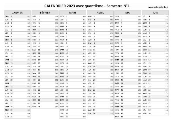 Notre calendrier du 1er semestre 2023 avec quantième vous permettra de facilement identifier le numéro du jour pour la période allant du 1er janvier au 31 juin 2023. Impression au format A4 paysage. Calendrier 2023 avec quantième.