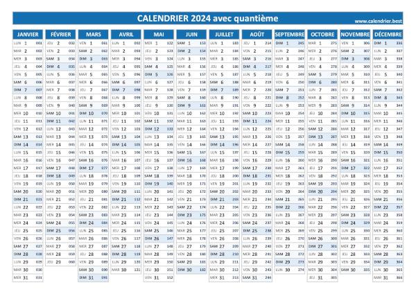 Notre calendrier 2024 avec quantième vous permettra de facilement identifier le numéro du jour pour la date de votre choix. Impression au format A4 paysage. Calendrier 2024 avec quantième.