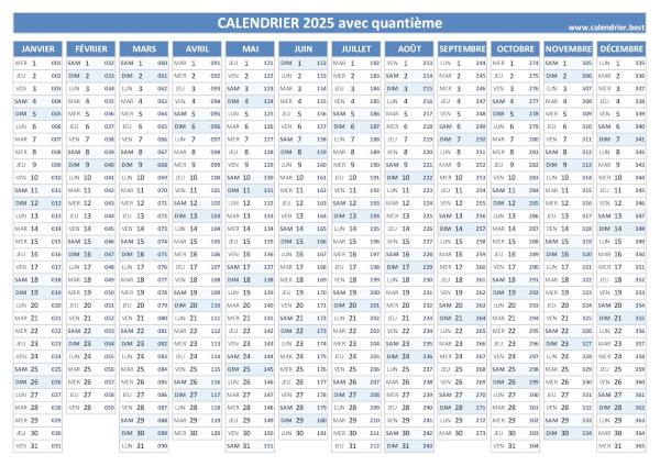 Calendrier 2025 avec quantième.