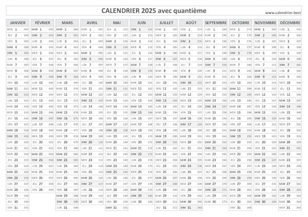 Calendrier 2025 avec quantième, thème noir et blanc.