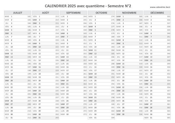 Calendrier 2025 avec quantième.