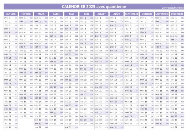 Calendrier 2025 avec quantième, thème violet.