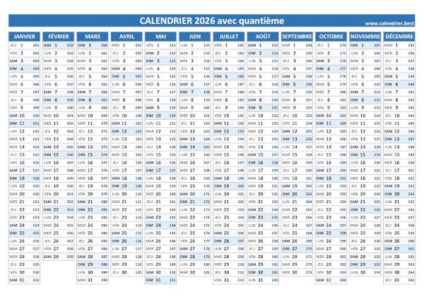 Notre calendrier 2026 avec quantième vous permettra de facilement identifier le numéro du jour pour la date de votre choix. Impression au format A4 paysage. Calendrier 2026 avec quantième.