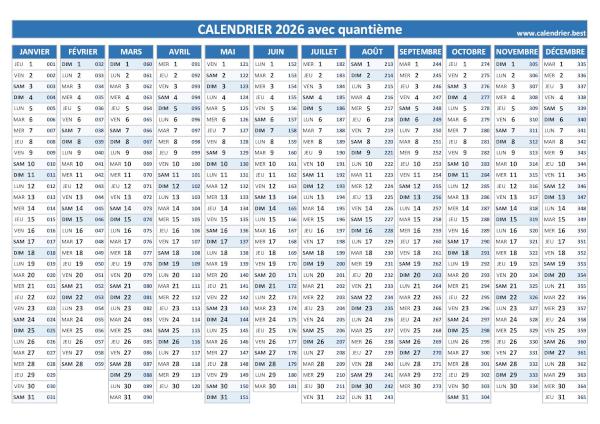 Calendrier 2026 avec quantième.