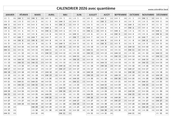 Calendrier 2026 avec quantième, thème noir et blanc.