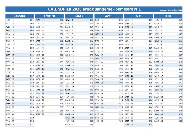 Calendrier 2026 avec quantième.