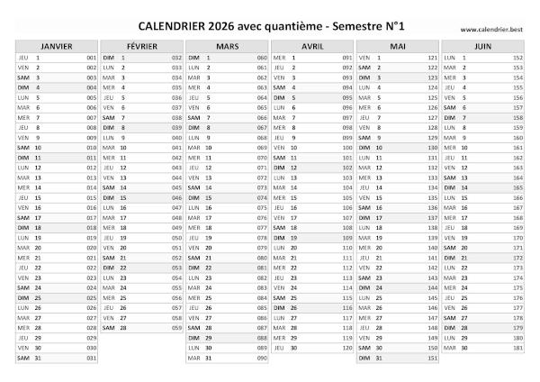 Calendrier 2026 avec quantième.