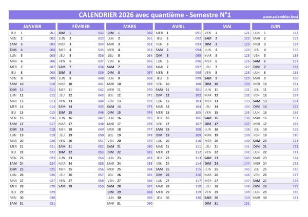 Calendrier 2026 avec quantième.