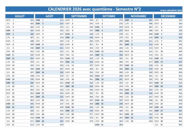 Calendrier 2026 avec quantième.